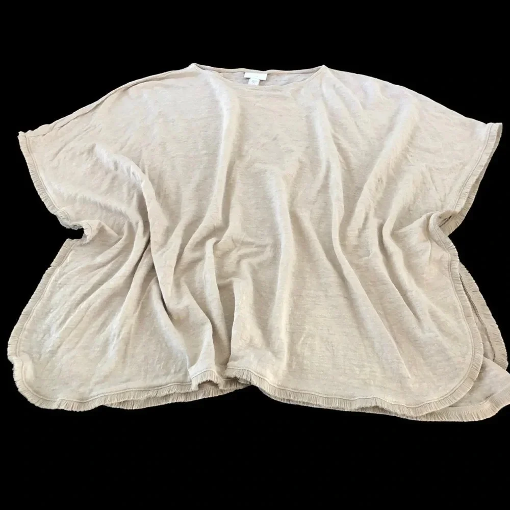 J Jill Womens M/L 100% Linen Beige Poncho Top‎ Short Sleeves Fringe Cover Up Tan